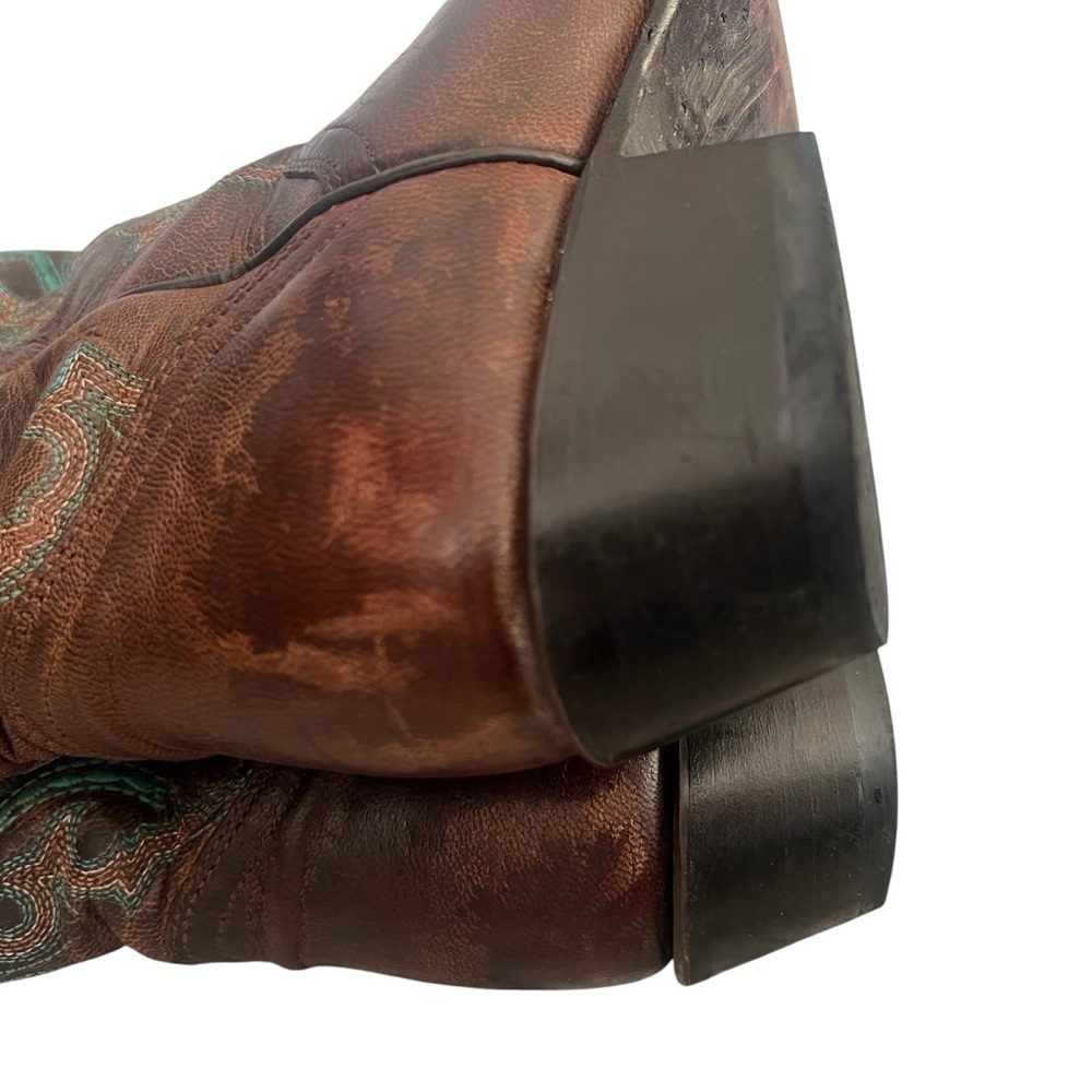 J.B. Dillon Goat Leather Brown & Turquoise Blue Cowboy/Cowgirl Boots Size 7.5 - Picture 6 of 13